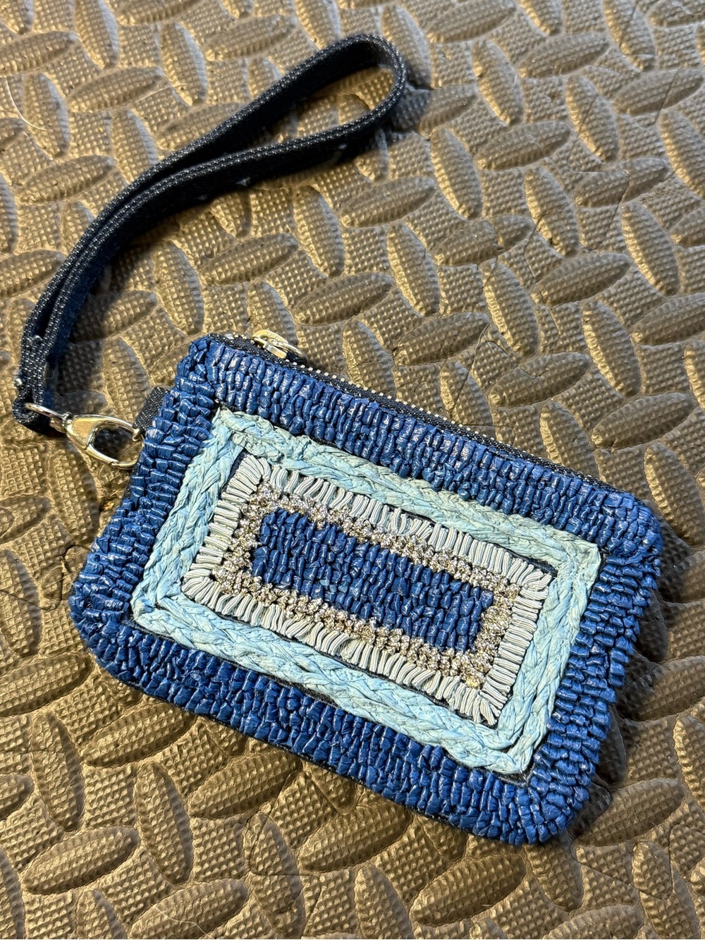 Chicos Denim & Raffia Beaded Wristlet In Blue & Silver